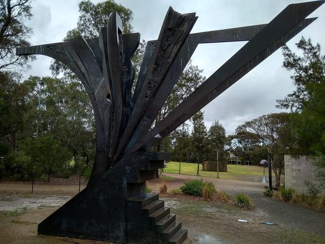 A large steel sculpture in the McClelland Sculpture Park